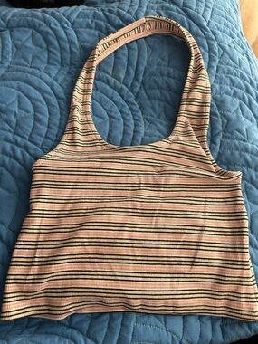 Essentials Striped Halter Tank in Pink, Black & White